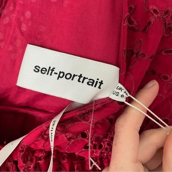 Self Portrait Openwork Lace Eyelet V Neck Dress Red Sz S - Picture 8 of 11